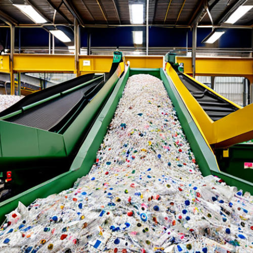 Home 4 A bustling recycling center in Valencia, Spain, showcasing conveyor belts, workers sorting materials (paper, plastic, glass, metals), and advanced machinery separating recyclable items. The scene should emphasize the organized chaos and the sheer volume of waste being processed.
