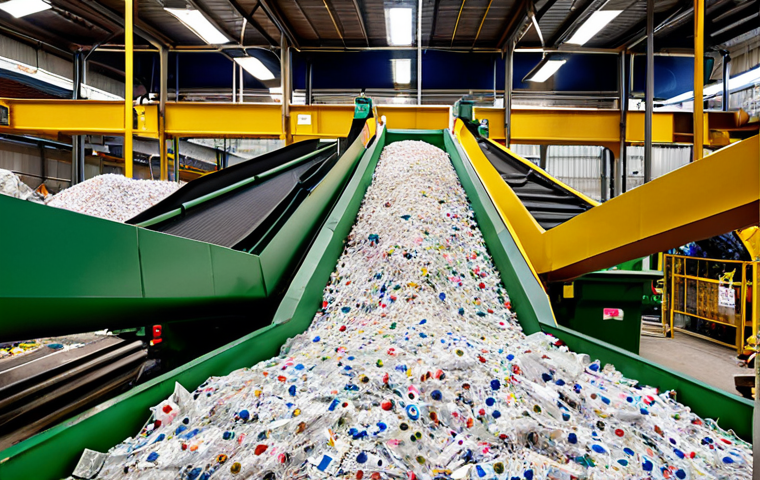 A bustling recycling center in Valencia, Spain, showcasing conveyor belts, workers sorting materials (paper, plastic, glass, metals), and advanced machinery separating recyclable items. The scene should emphasize the organized chaos and the sheer volume of waste being processed.
