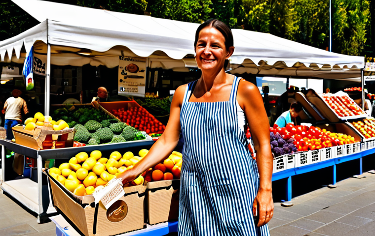 Sustainable Shopping**

"A brightly lit local farmers market in Spain. A fully clothed woman, mid-30s, wearing a modest sundress, is filling reusable shopping bags with fresh produce. Focus on zero-waste packaging, with vendors using minimal or compostable materials. Background includes other shoppers and colorful displays of fruits and vegetables. safe for work, appropriate content, fully clothed, family-friendly, perfect anatomy, natural proportions, professional photography, high quality."

**