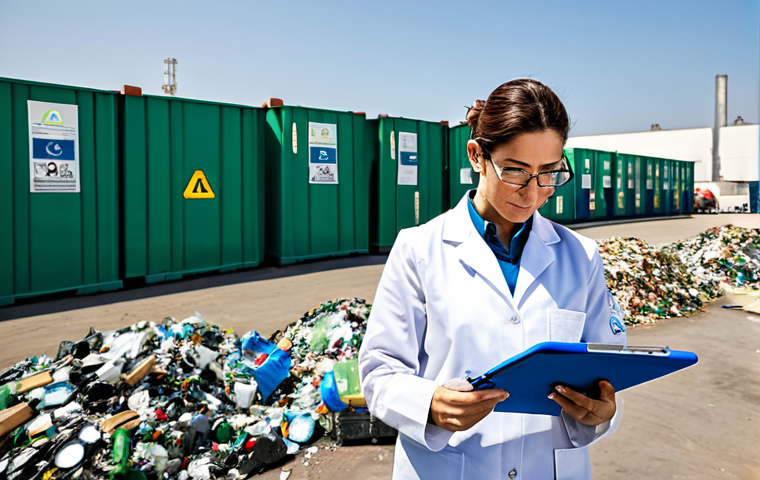 **

"A female environmental engineer in her late 30s, wearing a professional lab coat and safety glasses, inspecting recycled materials at a modern recycling plant in Seville, Spain. She is holding a clipboard and pen, taking notes. The plant is clean and well-organized, with various recycling bins and machinery in the background. Fully clothed, appropriate attire, safe for work, perfect anatomy, natural proportions, professional photography, high quality."

**