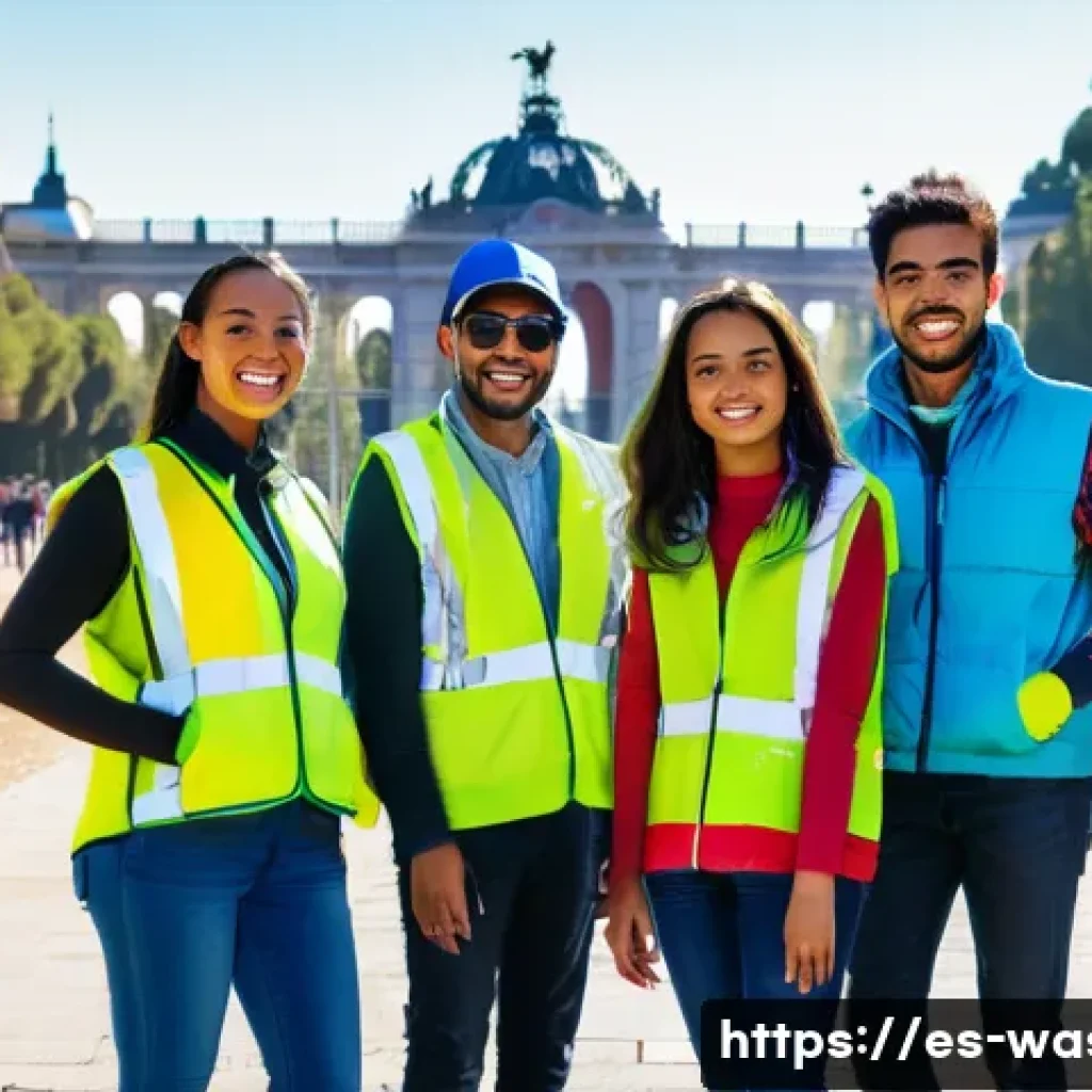 폐기물처리 분야 대학원 진학 준비 - **Prompt:** "A group of diverse young adults participating in a community cleanup event in Madrid's ...