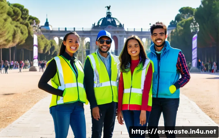 폐기물처리 분야 대학원 진학 준비 - **Prompt:** "A group of diverse young adults participating in a community cleanup event in Madrid's ...