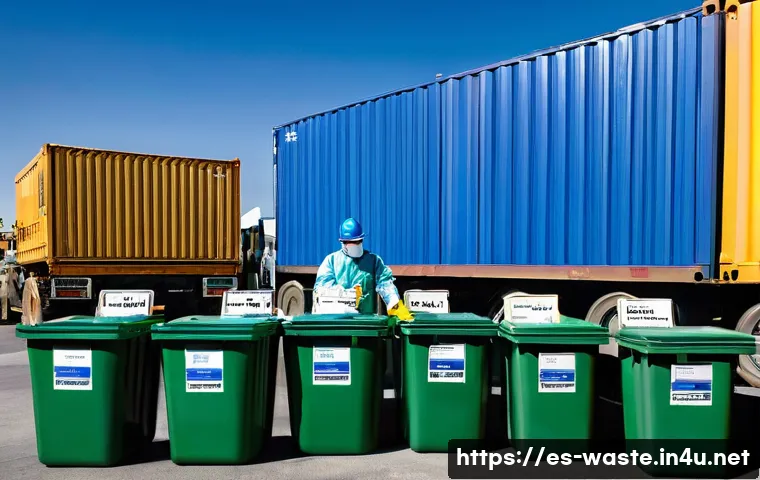폐기물처리 자격증 필기 요약 정리 - A detailed scene of a Spanish waste management facility showing workers wearing appropriate personal...