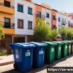 Home 19 폐기물처리 설비운영 방법 - A vibrant Spanish residential neighborhood featuring a well-organized waste separation station outsi...