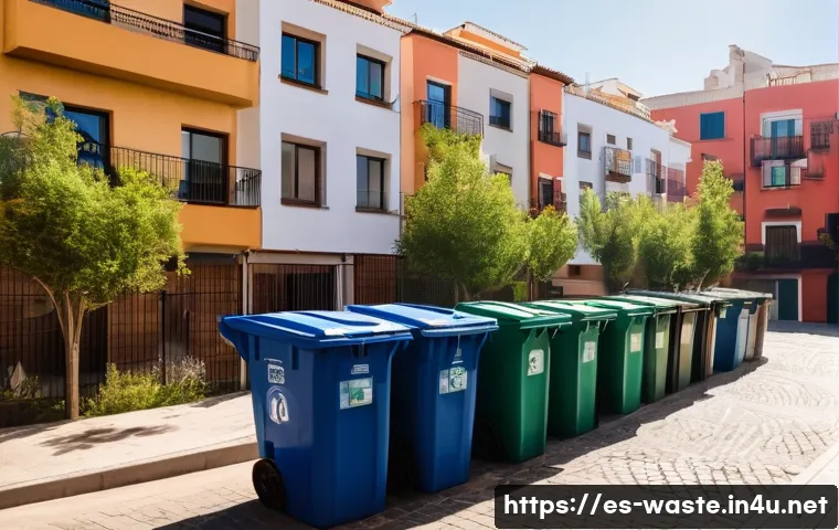 폐기물처리 설비운영 방법 - A vibrant Spanish residential neighborhood featuring a well-organized waste separation station outsi...