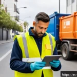 Home 18 폐기물처리 기사 자격증 시험 후 일상 - A professional waste management worker in Spain wearing a high-visibility safety vest and gloves, us...