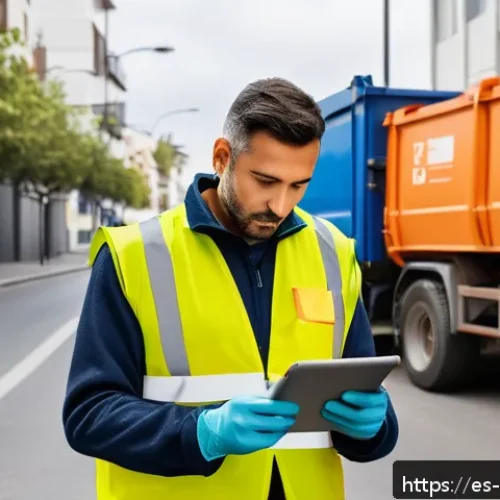 Home 30 폐기물처리 기사 자격증 시험 후 일상 - A professional waste management worker in Spain wearing a high-visibility safety vest and gloves, us...