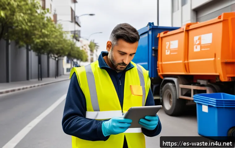 폐기물처리 기사 자격증 시험 후 일상 - A professional waste management worker in Spain wearing a high-visibility safety vest and gloves, us...