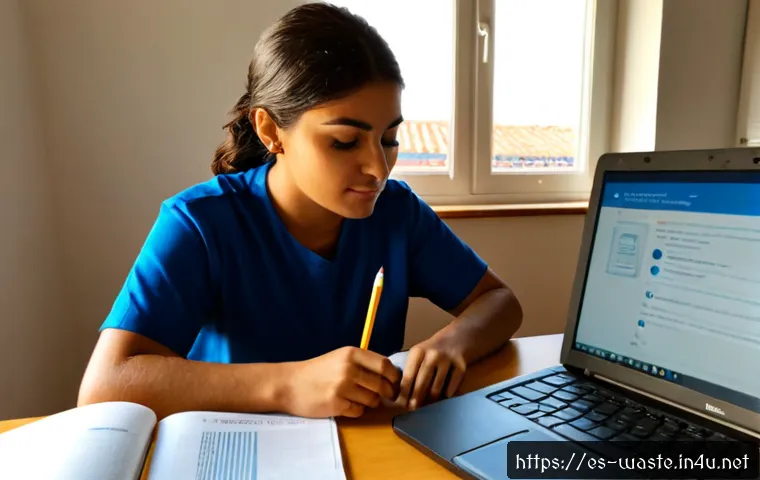 Home 17 폐기물처리 시험 직후 후기 작성법 - Photorealistic Spanish-speaking environmental services worker seated at a tidy home desk immediately...