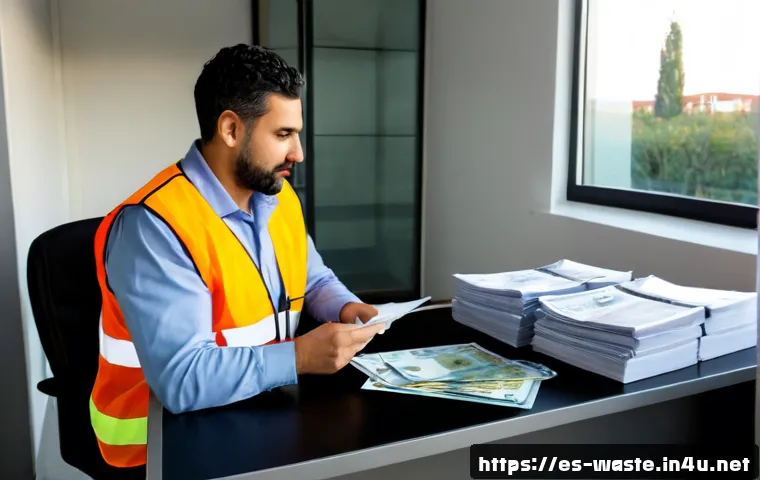 Home 17 폐기물처리 자격증 연봉협상 팁 - Photorealistic salary negotiation in a modern Spanish waste management office, certified waste treat...